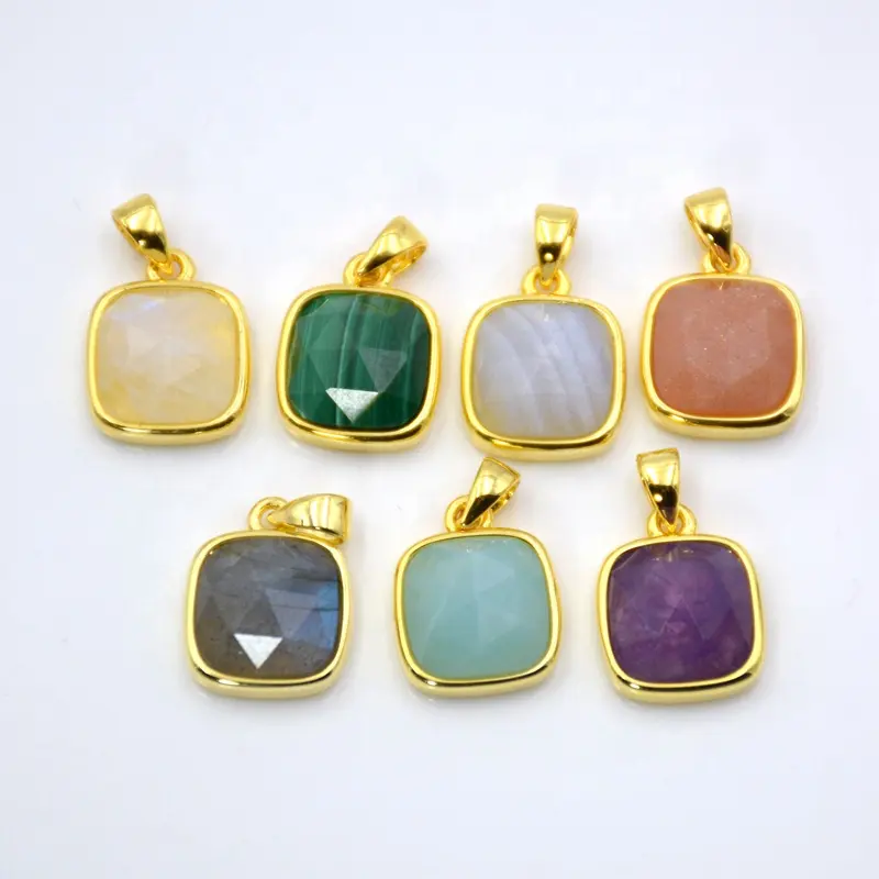 Natural Gemstone Small Square pendant Jewelry Making Supplies Charm Finding Supplies gold plated Bulk Gemstone Pendants