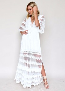 Bianco Donne Del Merletto Del Ricamo Maxi Manica Del Vestito - Product Image 3