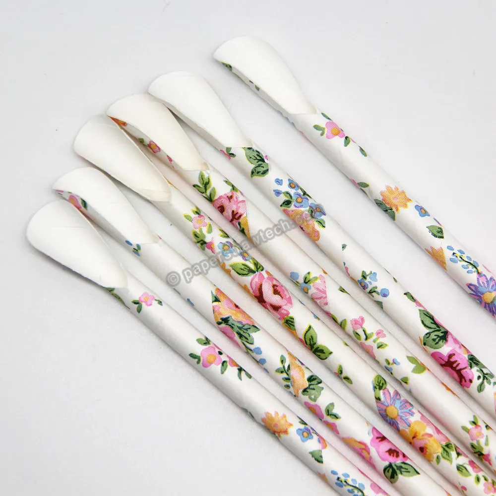Floral Printed Pattern Paper Spoon Straws Food Grade Straws with Spoon, Free Shipping, Free Sample Available