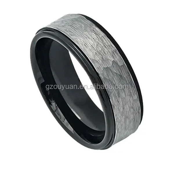 Factory price 8mm black step hammered men tungsten carbide ring with multi faceted gun metal color