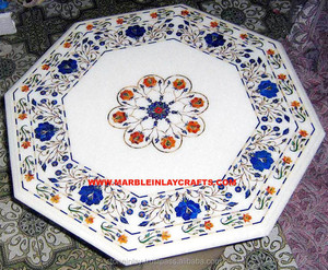 Exclusive White Marble Lapis Lazuli <b>Table</b> Top - Product Image 1