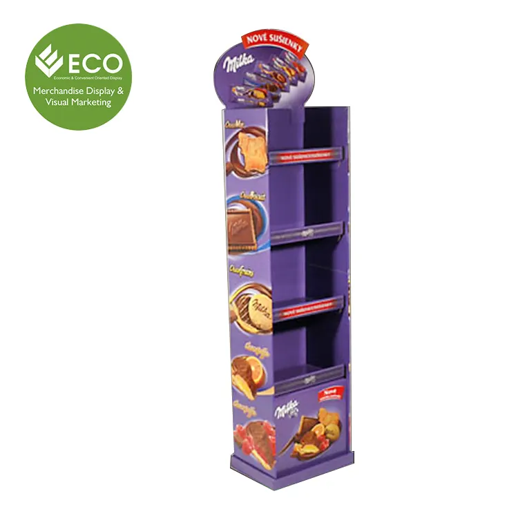 Nieuwe Ontwerp Drie Banden Kartonnen Vloer Display Stand Snoep Chocolade Display Rack