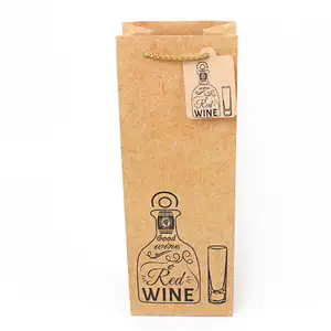 Su misura kraft sacchetto di carta regalo di imballaggio di vino con manico intrecciato