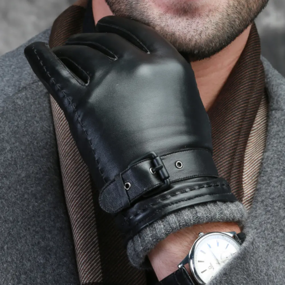 Cheap fashion smartphone fleece lining touch screen winter men sheepskin leather gloves