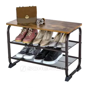 SONGMICS di Scarpe Vintage Banco Rack, 3-Tier Mensola di Immagazzinaggio del Pattino per Ingresso Corridoio di, effetto legno Accento Mobili ingresso panchina