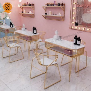 Mesas <span class=keywords><strong>de</strong></span> <span class=keywords><strong>Manicura</strong></span> Pequeñas <span class=keywords><strong>de</strong></span> Metal Dorado y Mármol Blanco para Salón <span class=keywords><strong>de</strong></span> Belleza, Venta al por Mayor - Product Image 5