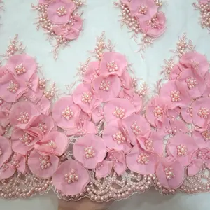 Großhandel bestickte spitze stoff rosa-3d französisch blume spitze bestickten stoff tüll perlen Rosa haute couture stoff für pakistanische braut kleider HY0888-1