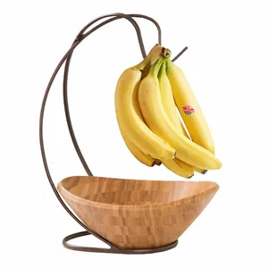 Suporte de bambu tigela de frutas com cabide de banana