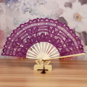 purple lace folding hand fan natural bamboo for wedding souvenir