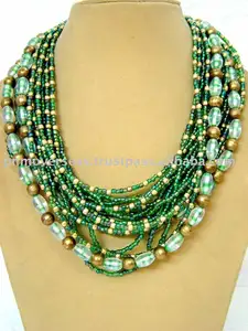 Collar de cuentas verdes y doradas artificiales de múltiples hebras Collar Boho de último diseño de tamaño de cuentas asimétricas - Product Image 1
