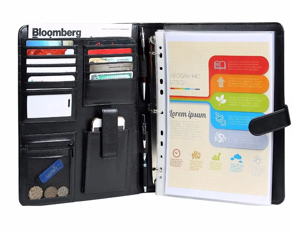 มัลติฟังก์ชั่น A4 กระเป๋าถือออแกไนเซอร์หนัง Pu Compendium กระเป๋าถือ 3 แหวน Binder พร้อมที่ใส่บัตรที่วางโทรศัพท์