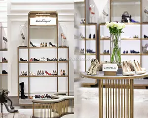 Modern metal high heel shoe display shelves and counter for boutique shoe store design