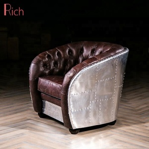 Poltrona Singola Retrò Industriale Classica Americana in Pelle Vintage con Bottoni e Trapuntatura Profonda, <span class=keywords><strong>Divano</strong></span> in Alluminio - Product Image 4