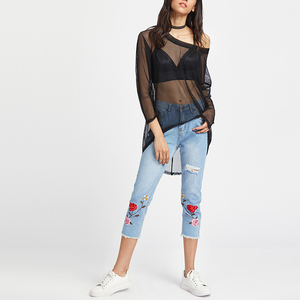 Wholesales clothing woman embroidery Ripped frayed Hem cropped Jeans for women - Product Image 5