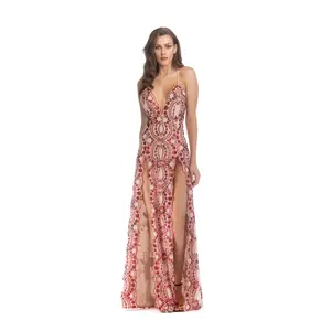 Sevgililer günü seksi pullu parti elbiseler kadın Backless yüksek bölünmüş kadın uzun elbise maxi vestidos gece elbisesi indirim Y10376