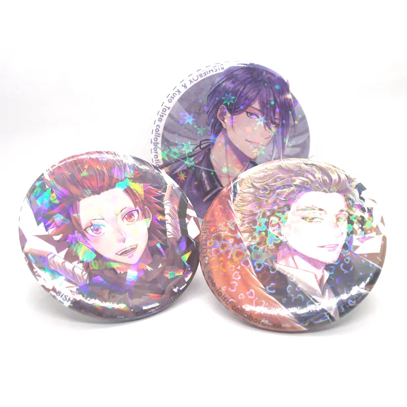 Hot Sale Vograce New Cheap Oem Custom Cartoon Anime Hologram Tinplate Button Pins,Wholesale Colorful Round Holographic Badges