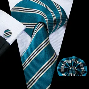 2021 Striped tie Men's Green White polyester tie Custom wholesale necktie and handkerchief Wedding Formal Party neck tie