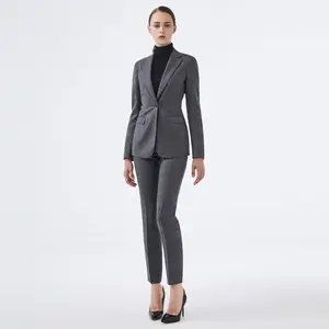 Một Nút 100% Len Xám Xương Cá Tùy Chỉnh Tailor Made Business Suits Cho Phụ Nữ Trẻ Văn Phòng