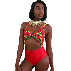 Cetak Afrika Bikini Satu Potong dengan Dasi Imitasi Depan Ankara Pakaian Renang Wanita