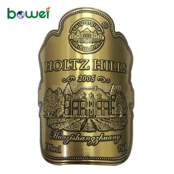 Custom personalized printing design your own metal wine bottle embossed sticker label