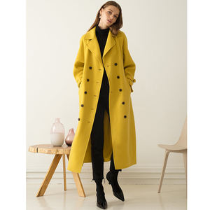 Doppio petto <span class=keywords><strong>giallo</strong></span> senape lana maxi cappotti per le donne - Product Image 2