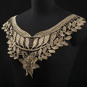 Exquisite leaf flower design golden embroidered guipure neck lace trim fabric for clothing collar