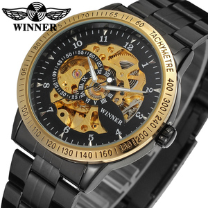 Montre automatique avec squelette en acier inoxydable pour hommes, vente en gros, s-winner, prix bas, automatique, noir et or - Product Image 1