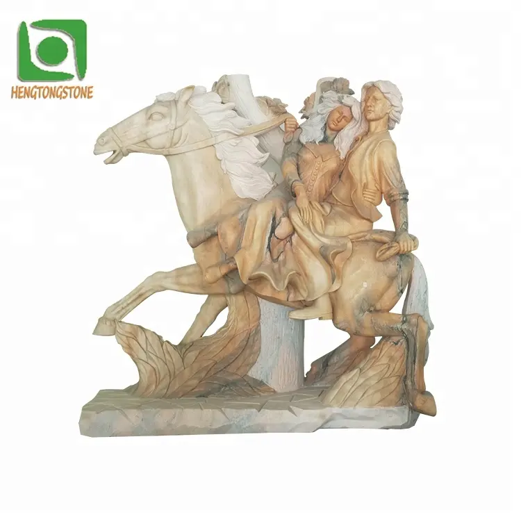 Outdoor Decorative Hand Carved Stone Riding Horse Couple Statue Sculpture
