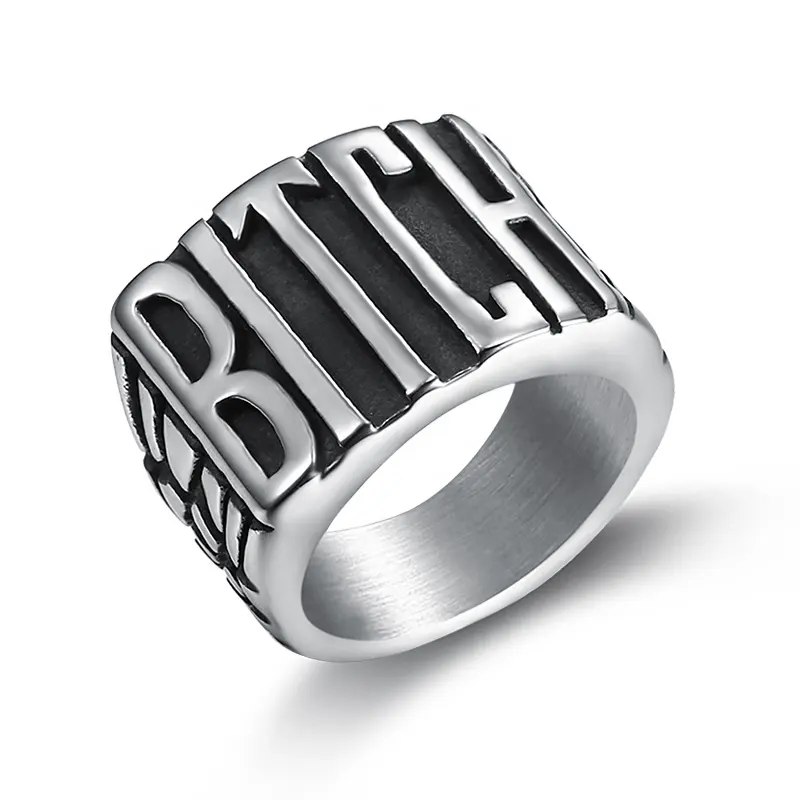 Custom design 316L Stainless Steel Silver Black Letter BITCH Ring Vintage Ladies Motor Biker Women BITCH Ring