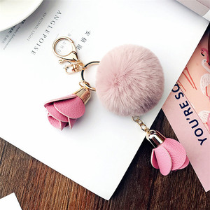 Moda Charms pompon in pelliccia sintetica con portachiavi in <span class=keywords><strong>nappa</strong></span> con fiori di rosa in pelle per donna - Product Image 6