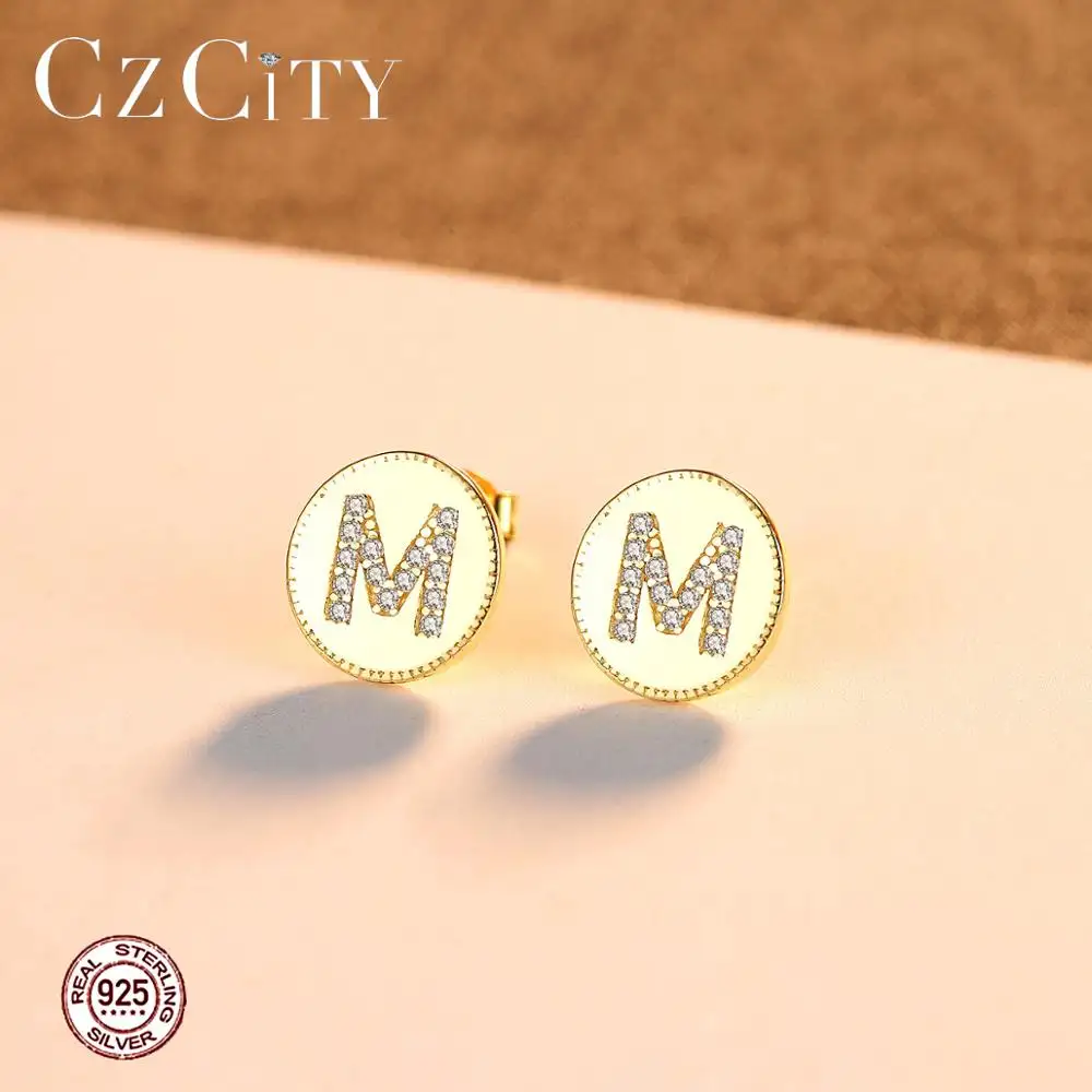 CZCITY из букв алфавита, серьги стерлингового серебра CZ серьги-гвоздики в виде золотой с буквой «М» и дизайнерские кольца для ушей