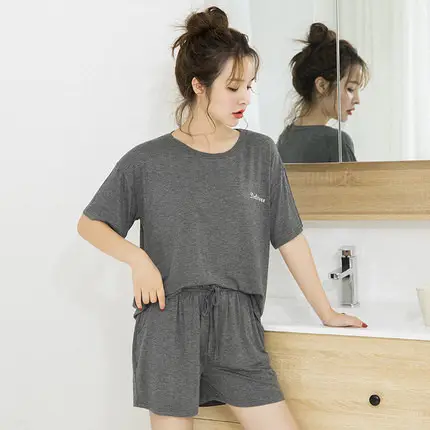 Setelan tidur anak perempuan Atasan kaus Modal piyama pakaian rumah warna polos Set pendek sutra es musim panas populer Logo kustom pabrik