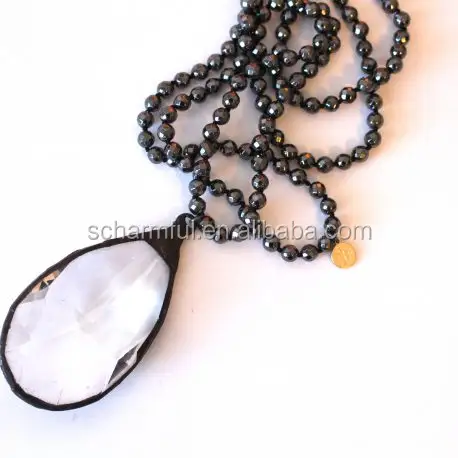 N00427 Hand knotted Pyrite Beads Necklace Black Oxidized Crystal Quartz Faceted Charm Pendant Gemstone Beads necklace