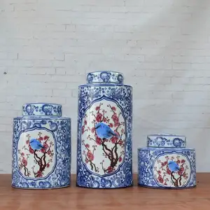 Uccello Commercio All'ingrosso di grandi dimensioni personalizzato decorazione di stoccaggio vaso di Zenzero Cinese blu e bianco di porcellana decorativi vaso di ceramica con coperchi