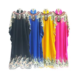 Eid 2022 Floral Printed Muslim Colorful Moroccan Abaya Kaftan Women Free Size 2XL with Hijab Scarf Round Neck Middle East 4 Colors