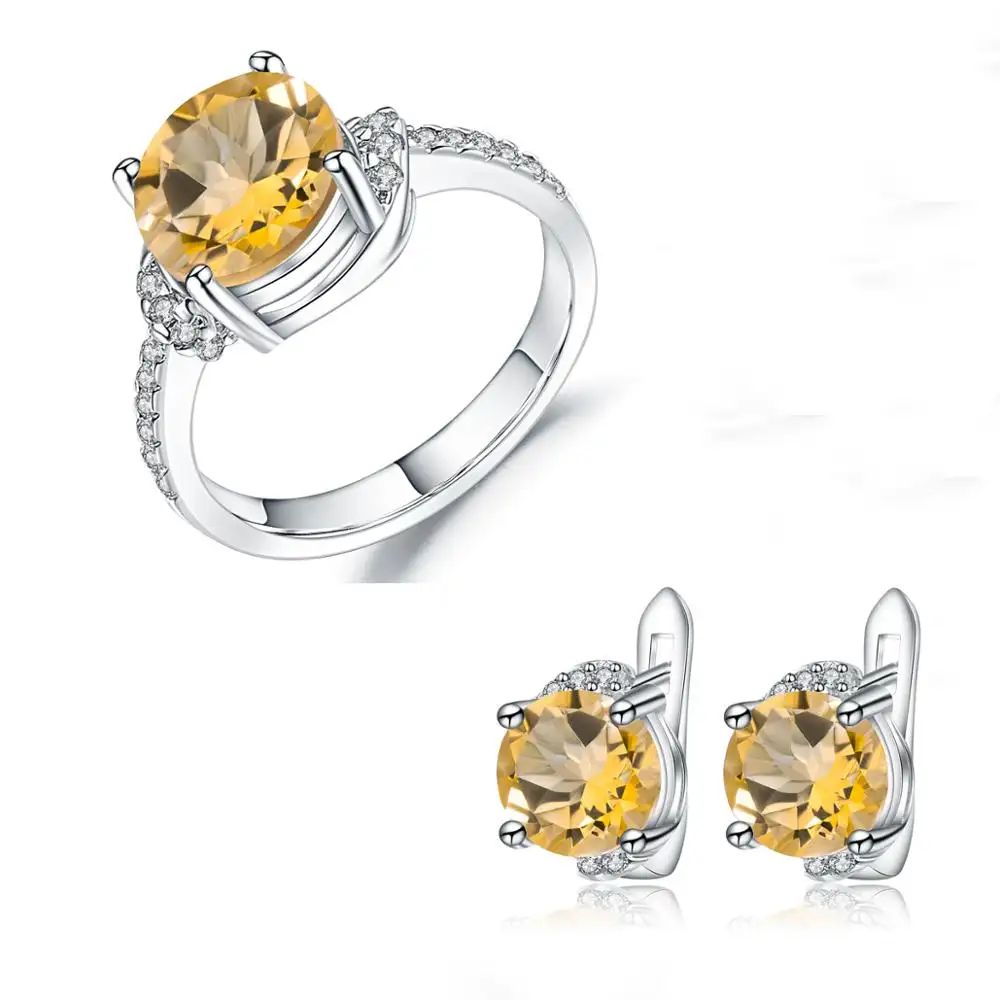 Abiding Hot Sale Women Gemstone Ring Earrings Fashion 925 Silver Natural Citrine Stone Jewelry Set