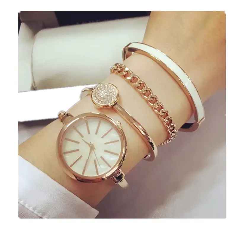 Conjunto de relojes de oro rosa para mujer, set de relojes de pulsera con cristales, pulsera de metal