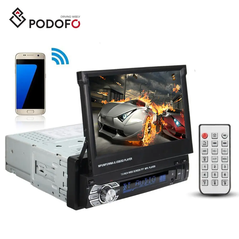 Podofo rádio de som para carro, rádio estéreo automotivo bt 1din 7 "hd, painel frontal retrátil, monitor de tela sensível ao toque, sd fm, usb, mp5 jogador