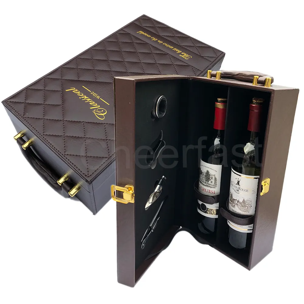 En popüler el yapımı şarap taşıma çantası aksesuar şarap hediye paketi kutusu ile üst kolu PU deri çift şişe şarap için