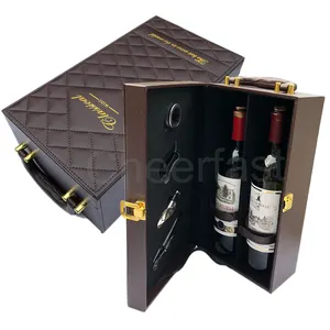 กล่องใส่ไวน์ทำมือยอดนิยม,กล่องของขวัญไวน์พร้อมหูหิ้วด้านบนกล่องใส่ขวดคู่หนัง PU สำหรับไวน์