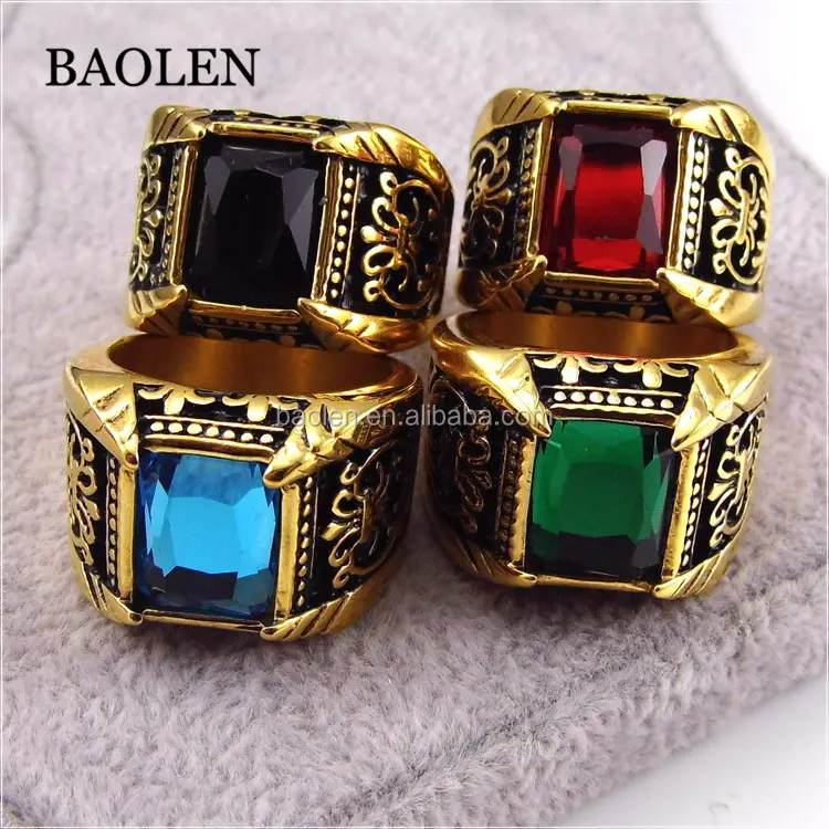 Baolen Brand Jewelry Vintage Antique Gold Crystal Ring For Men Stainless Steel Big Square Stone Finger Ring Male Men Jewelry