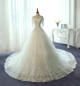 Vestido de noiva personalizado, vestido de baile com mangas de três quartos e saia babada, vestido de noiva ts91