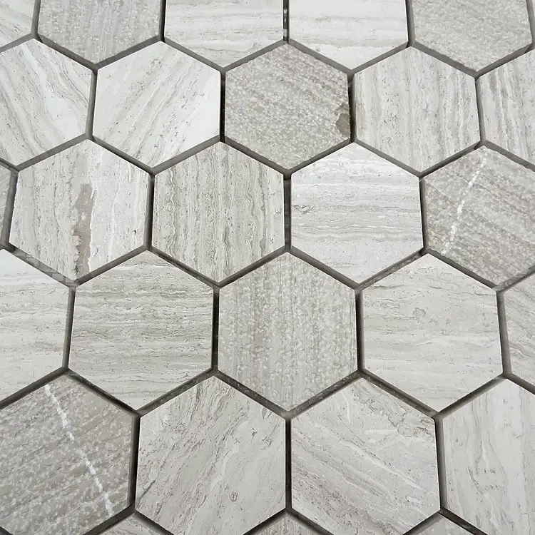 Carreau de mosaïque en marbre hexagonal gris en bois de style rouillé carrelage mural en marbre de pierre prix au mètre carré