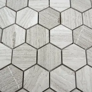 Azulejo de mosaico de madeira cinza estilo enferrujado, azulejo de piso de parede de pedra de mármore hexagonal, preço por metro quadrado