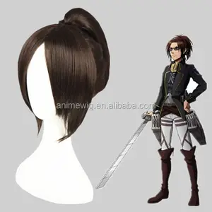 Yüksek kalite 40cm kısa kahverengi Titan Cosplay Hanji Zoe peruk sentetik Anime Cosplay kostüm peruk ile bir at kuyruğu