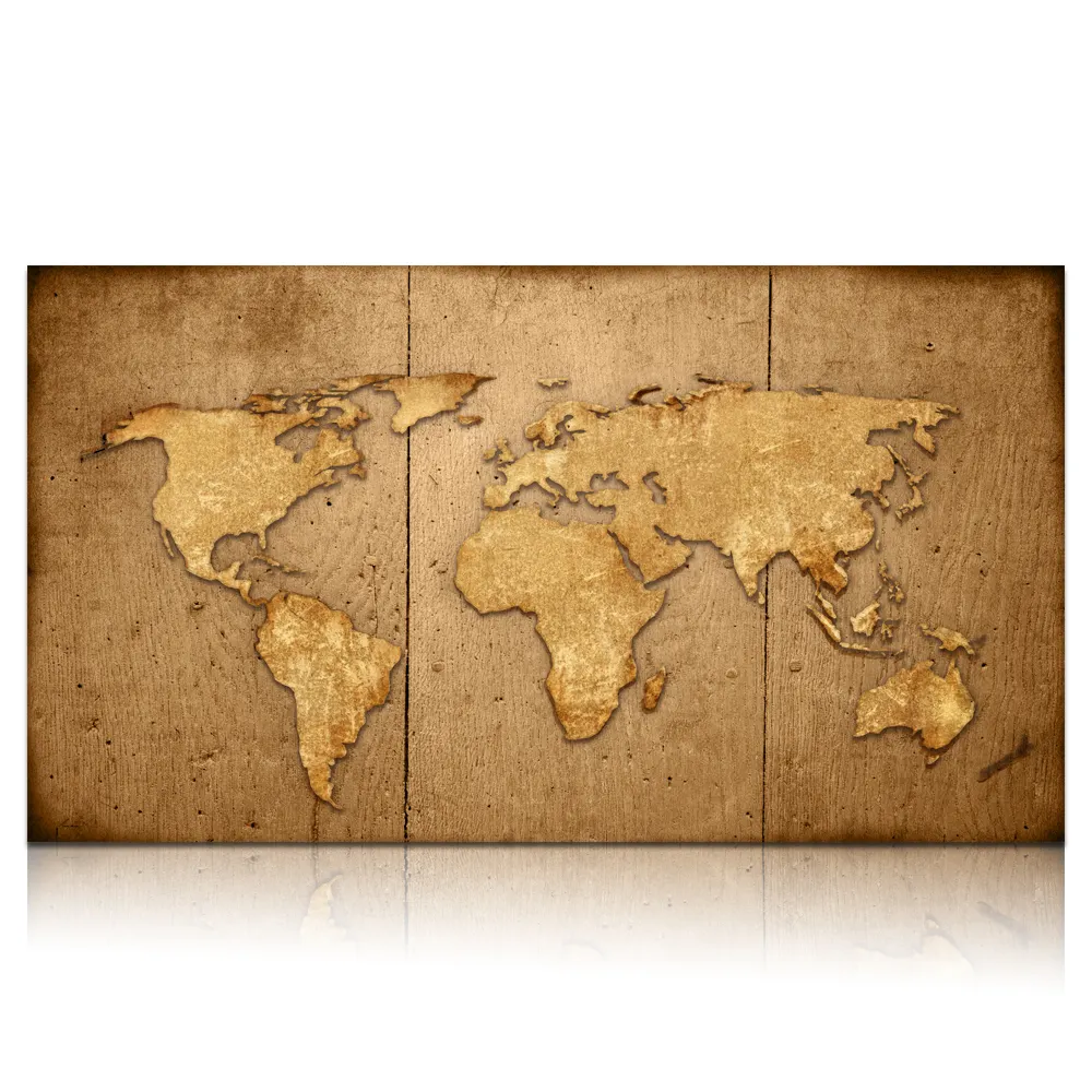 Retro World Map Wall Art for Home Decor Rustic Wood Background Map Picture Prints