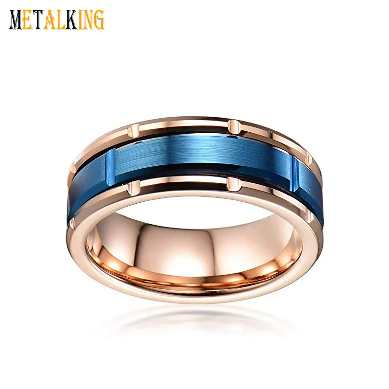 Кольца 8 мм двухцветные вольфрамовые, обручальное кольцо цвета розового золота с великолепной синей атласной отделкой, удобная посадка по центру для мужчин и женщин