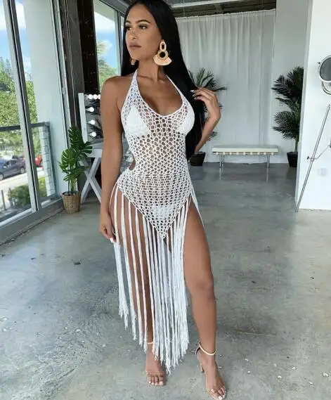 2019 nuevo blanco 3 piezas traje de baño Bikini ganchillo hecho a mano Bikini flecos Crochet vestido