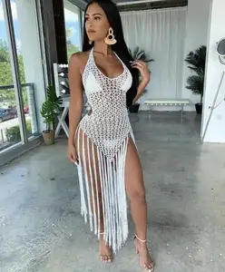 2019 NEW White 3 Pieces Swimsuit Triangle Top Handmade Crochet Bikini Fringes Crochet Dress