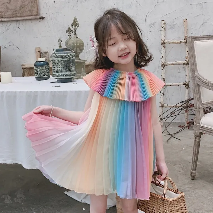 2019 fashion comfortable beautiful ruffles rainbow lotus leaf collar birthday party princess summer kids little girls dresses